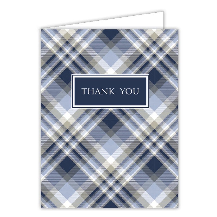 Invitations Rosanne Beck | Thank You Blue And Gray Plaid Small Folded Greeting Card