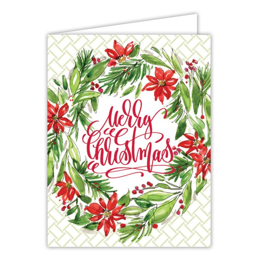 Seasonal Rosanne Beck | Merry Christmas Holiday Poinsettia Wreath Greeting Card