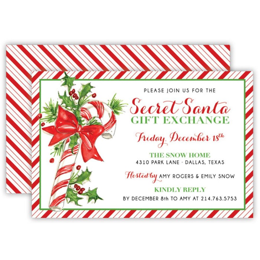 Invitations Rosanne Beck | Candy Cane With Holly And Bow Large Flat Invitation