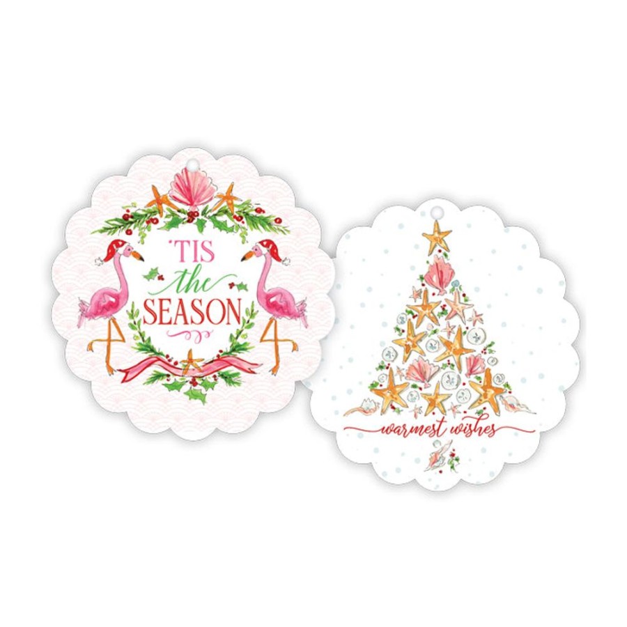 Invitations Rosanne Beck | Tis The Season Flamingo Seashells Scalloped Gift Tag