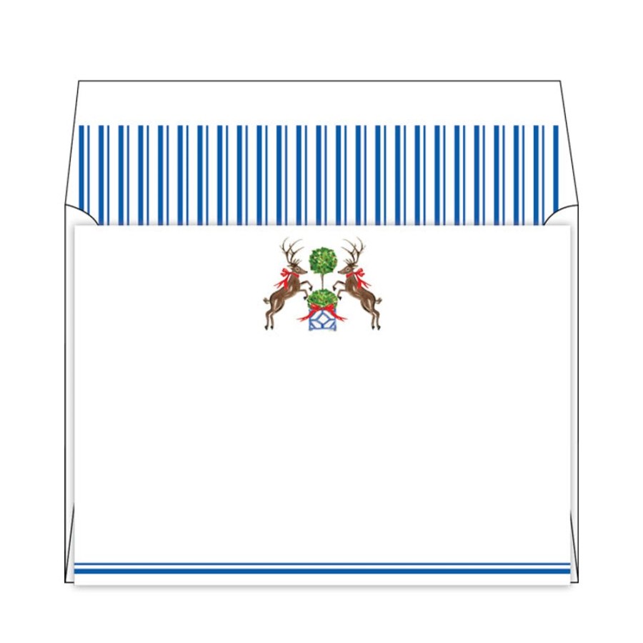 Seasonal Rosanne Beck | Christmas Animal Duo Blue Stripes Flat Note Stationery