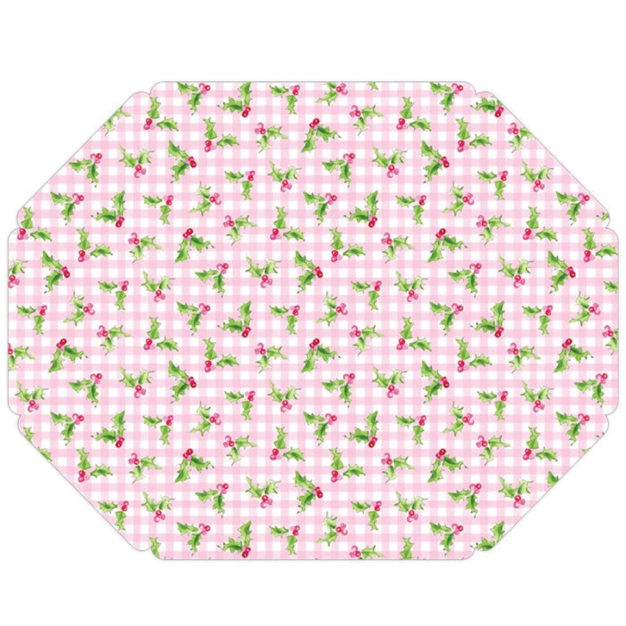 Seasonal Rosanne Beck | Pink Holly And Gingham Posh Die-Cut Placemats