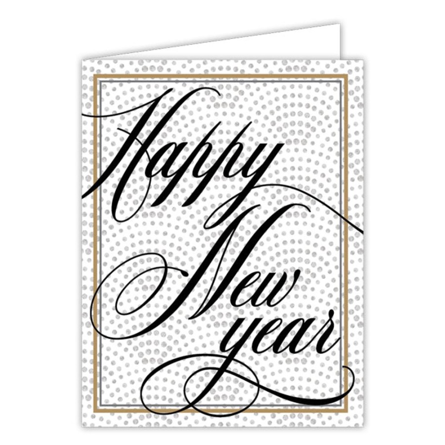 Invitations Rosanne Beck | Happy New Year Gold Border Small Folded Greeting Card