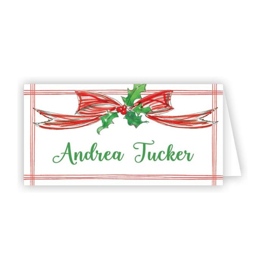 Seasonal Rosanne Beck | Handpainted Red Bow With Holly Place Card