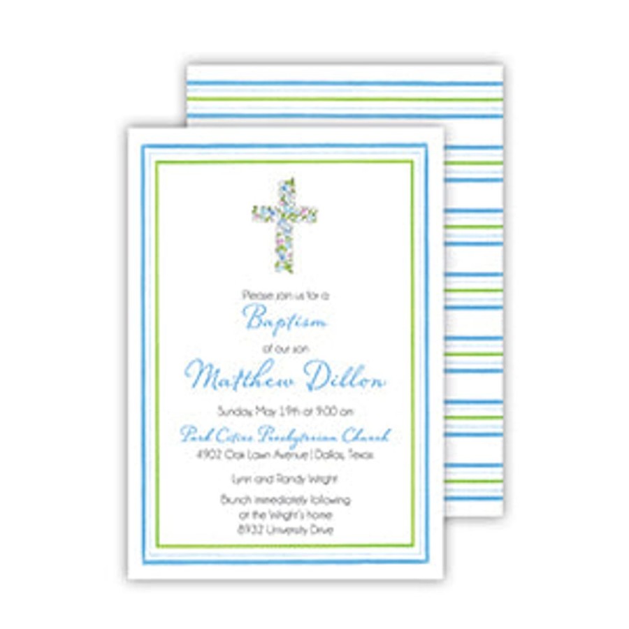 Invitations Rosanne Beck | Floral Cross Blue Medium Flat Invitation