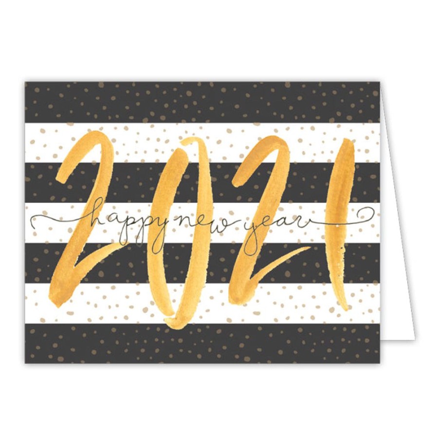 Invitations Rosanne Beck | 2021 Happy New Year Black And White Stripes Small Folded Greeting Card