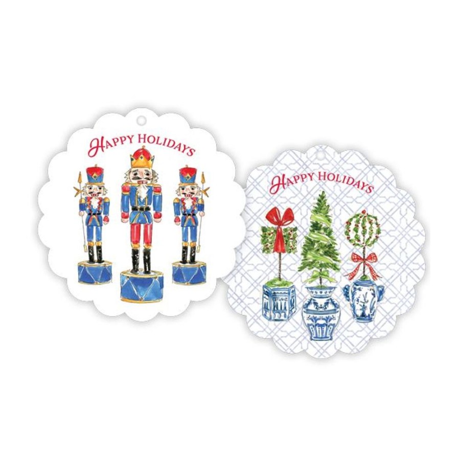 Seasonal Rosanne Beck | Happy Holidays Holiday Topiary Trio /Handpainted Nutcracker Trio Scalloped Gift Tags