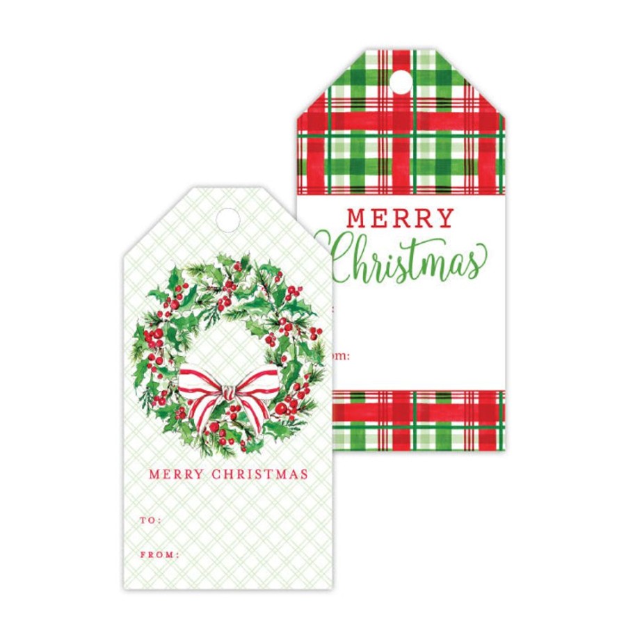 Seasonal Rosanne Beck | Holly Wreath With Bow & Holiday Plaid Gift Tags