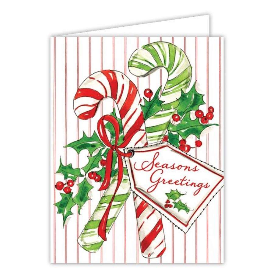 Seasonal Rosanne Beck | Season'S Greetings Handpainted Candy Canes And Holly Greeting Card