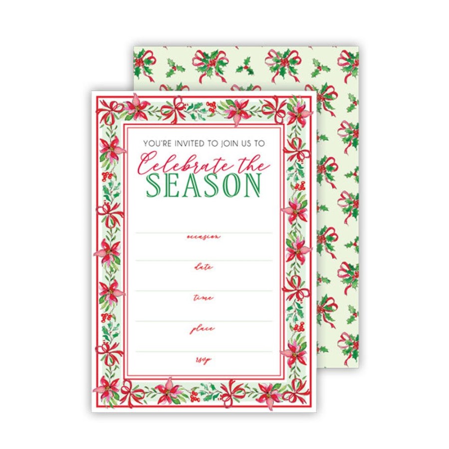 Seasonal Rosanne Beck | Poinsettias With Holly And Bows Fill-In Invitation