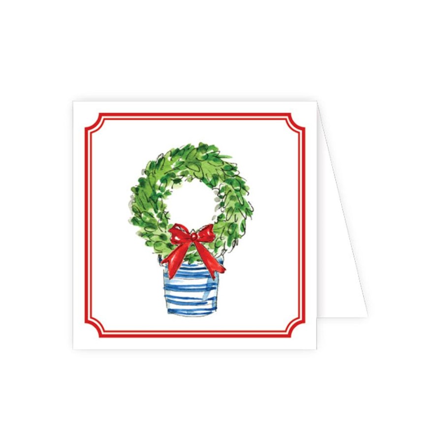 Invitations Rosanne Beck | Holiday Green Wreath In Blue Pot Enclosure Card