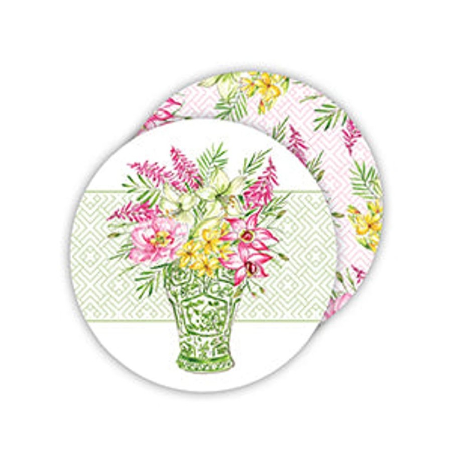 Home & Entertaining Rosanne Beck | Handpainted Floral Green Chinoiserie Vase Paper Coasters