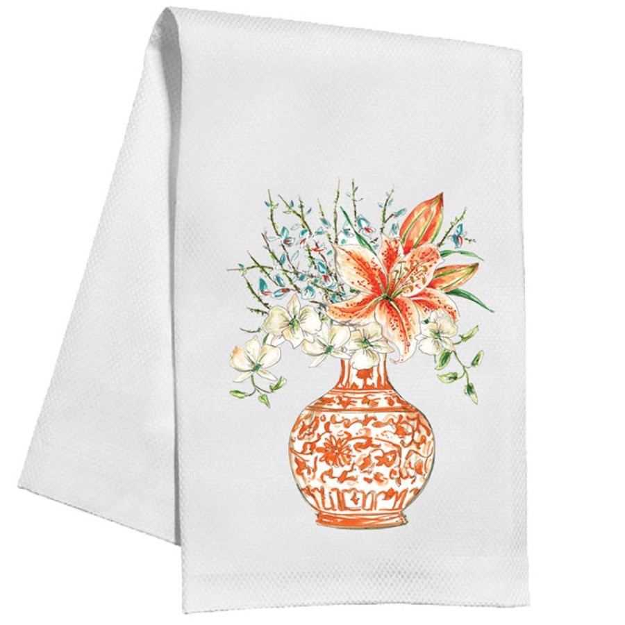 Home & Entertaining Rosanne Beck | Handpainted Floral Tangerine Chinoiserie Kitchen Towel