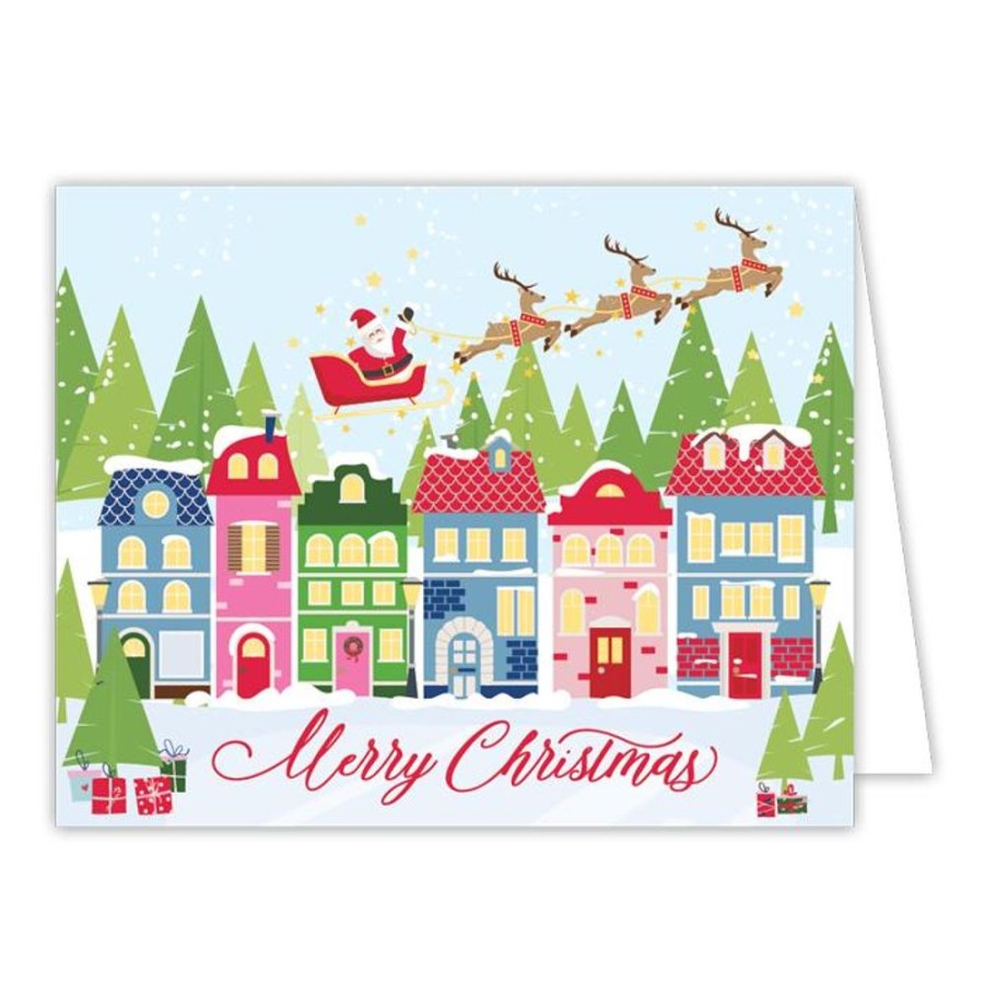 Seasonal Rosanne Beck | Merry Christmas Santa And Reindeer Flying Over Town Greeting Card