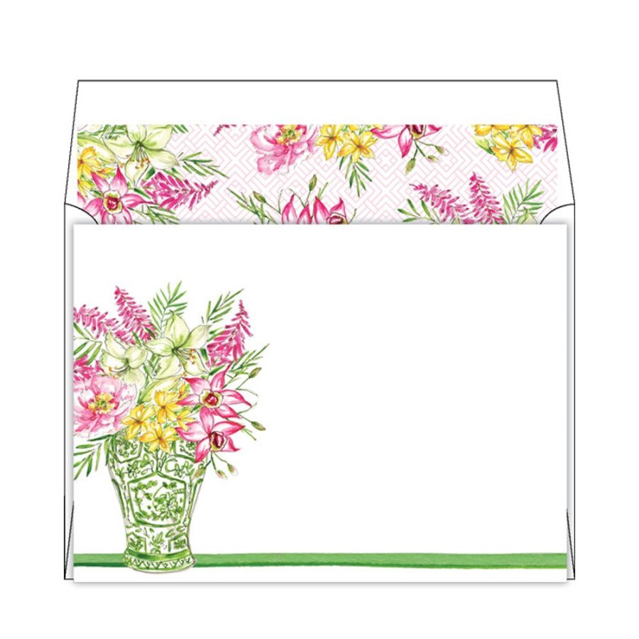 Notes & Pads Rosanne Beck | Floral Arrangement Green Vase Flat Note Stationery