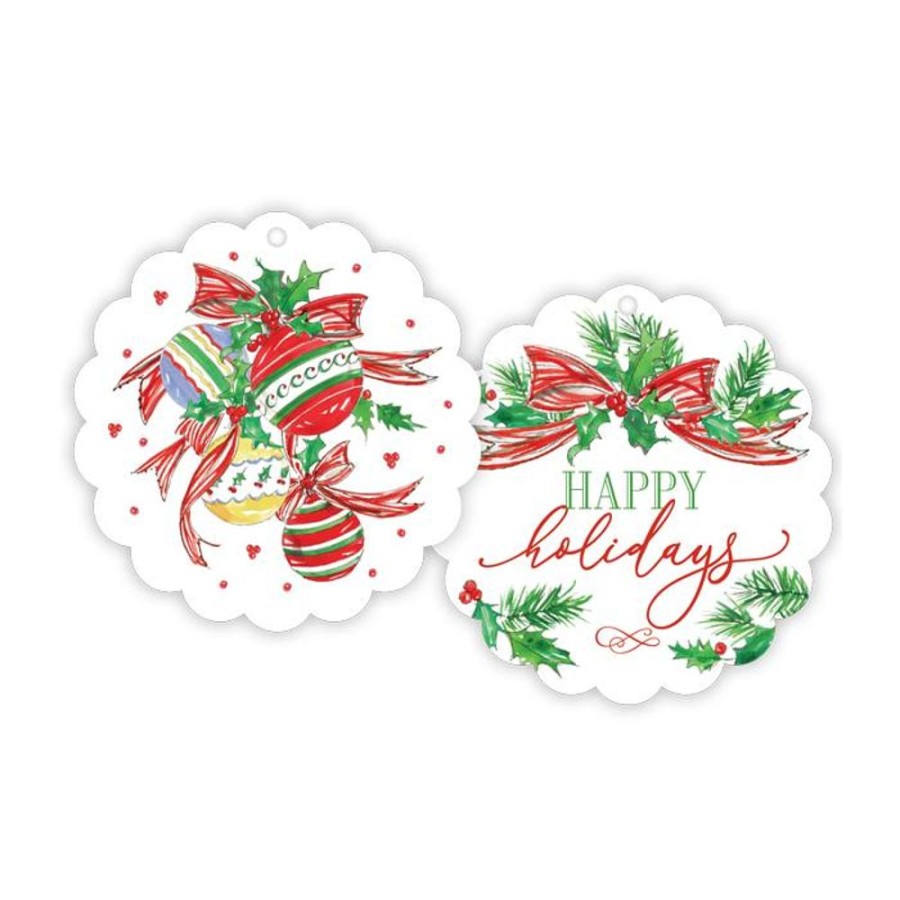 Seasonal Rosanne Beck | Happy Holidays Bow With Holly/Handpainted Ornaments Scalloped Gift Tags