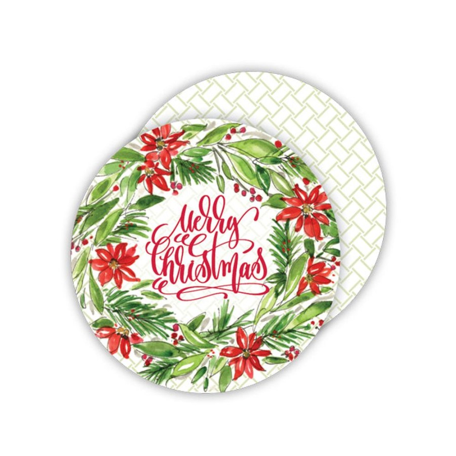 Invitations Rosanne Beck | Merry Christmas Poinsettia Wreath Paper Coasters