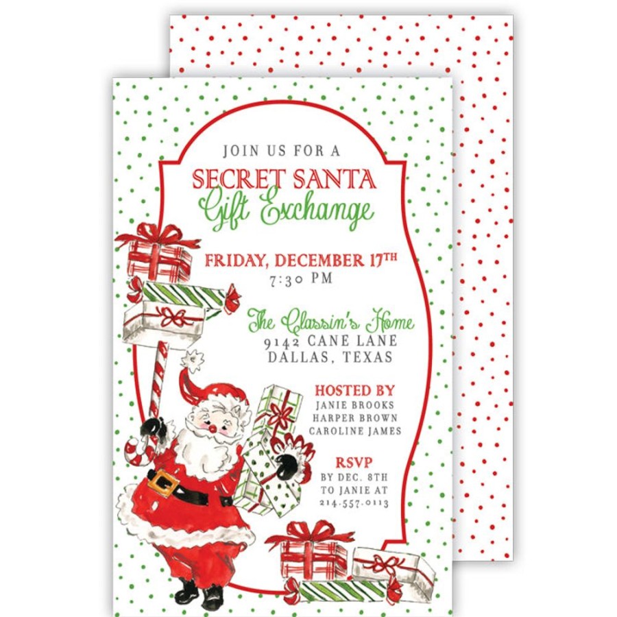 Seasonal Rosanne Beck | Santa With Candy Cane Presents Large Flat Invitation