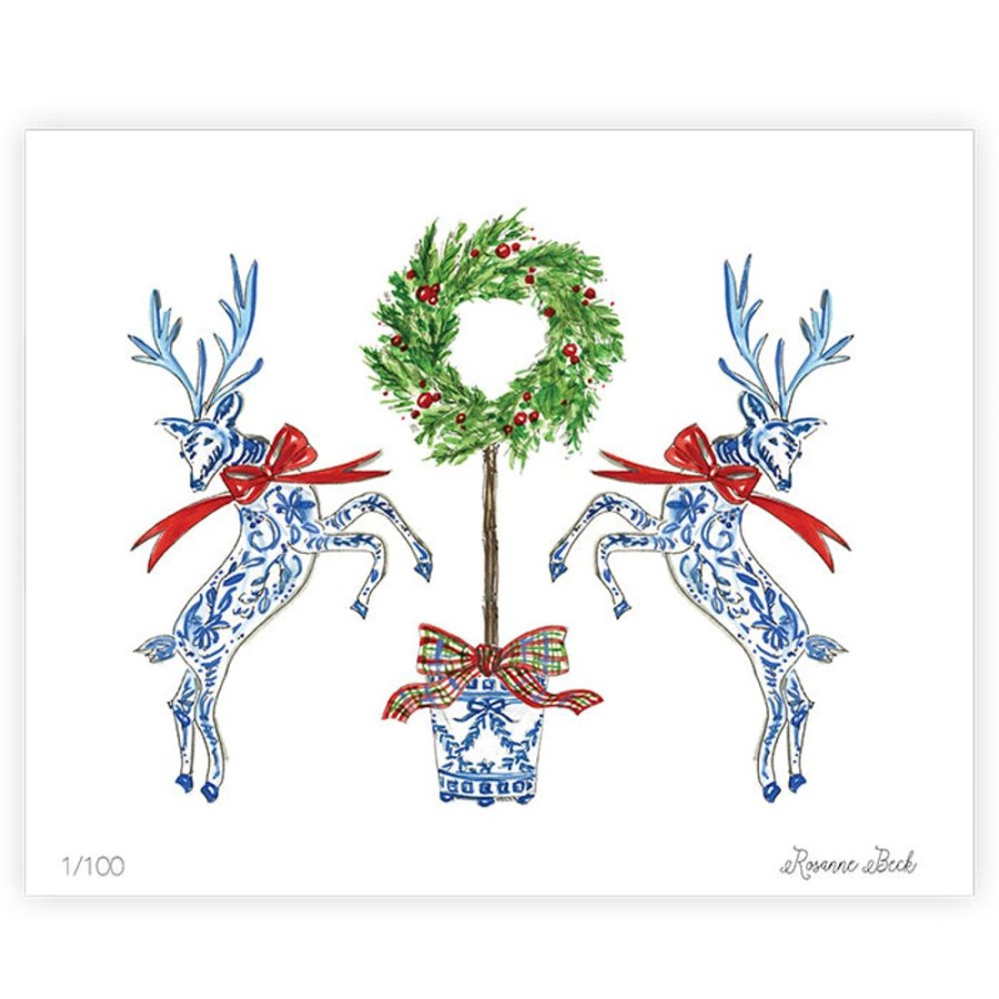 Seasonal Rosanne Beck | Holiday Reindeer Duo With Topiary Wreath Art Print