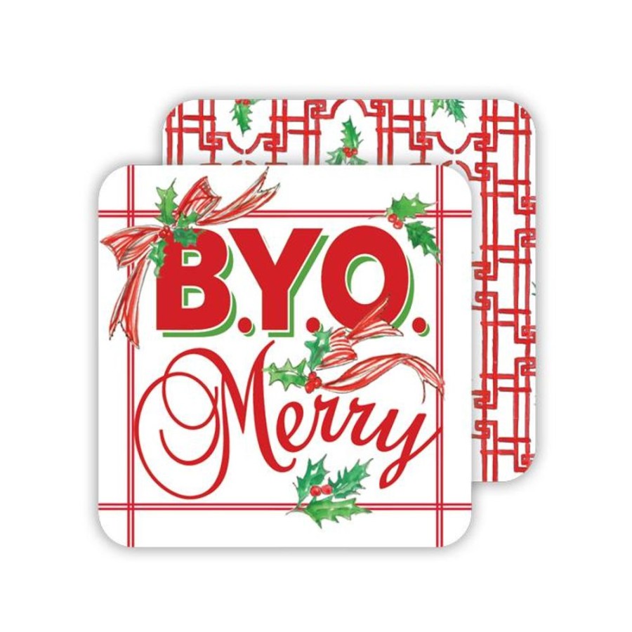 Seasonal Rosanne Beck | Byo Merry/Handpainted Red Trellis With Holly Paper Coasters