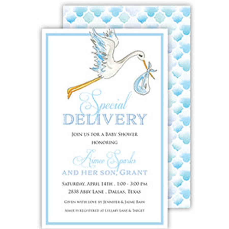 Invitations Rosanne Beck | Handpainted Stork Blue Large Flat Invitation