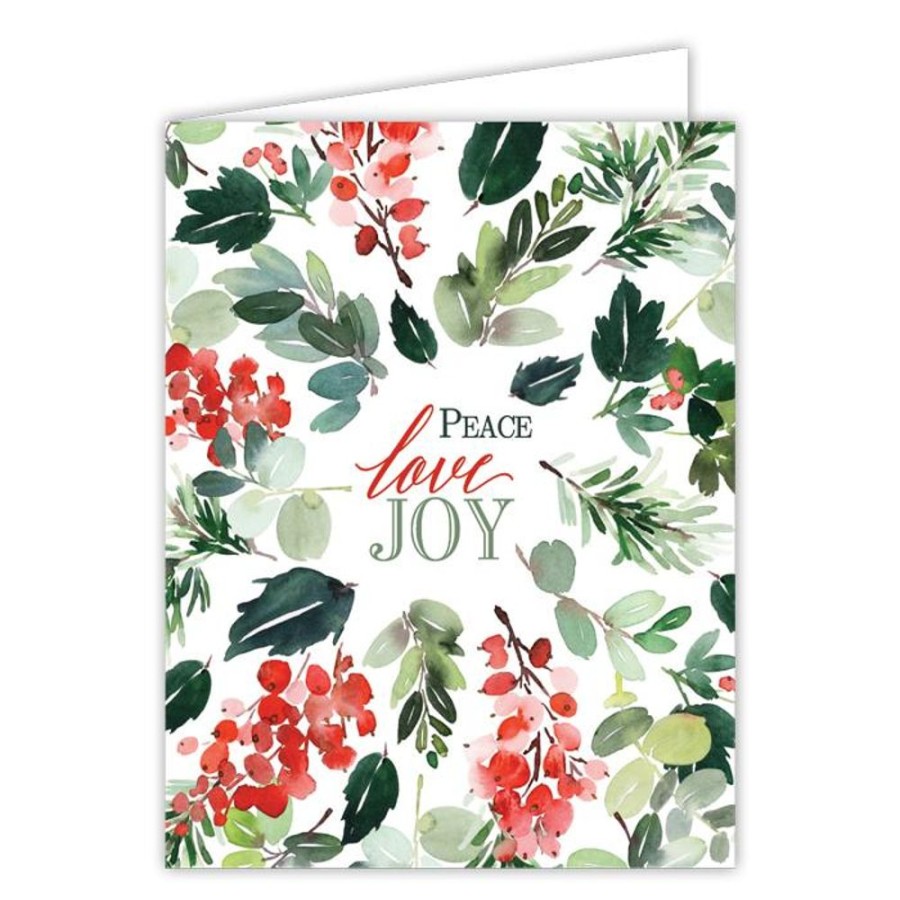 Seasonal Rosanne Beck | Peace Love Joy Holly Springs And Greenery Greeting Card