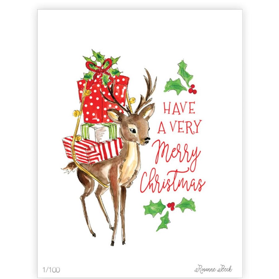 Seasonal Rosanne Beck | Reindeer With Presents Art Print