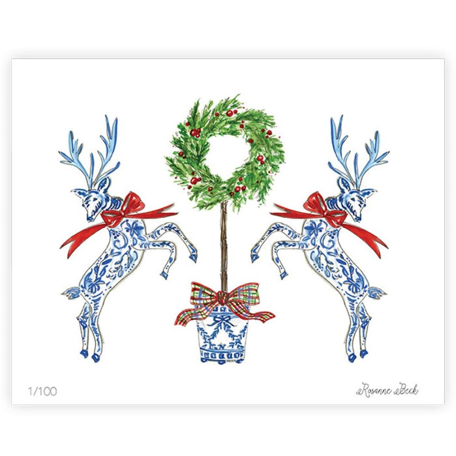 Invitations Rosanne Beck | Holiday Reindeer Duo With Topiary Wreath Art Print