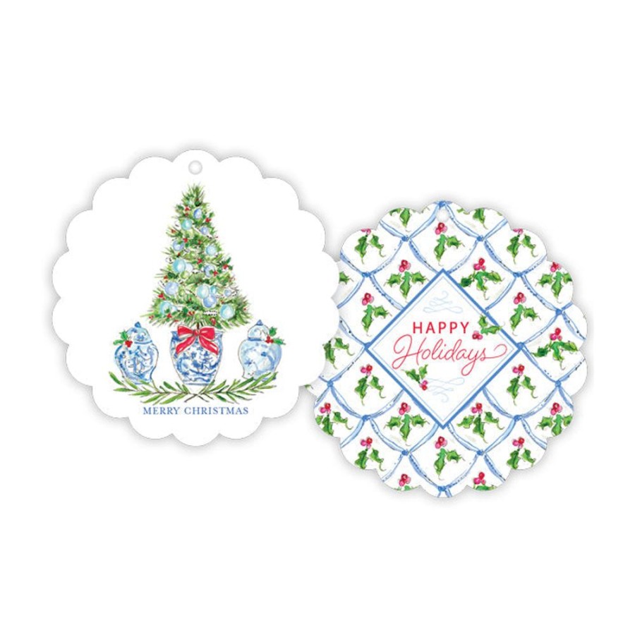 Seasonal Rosanne Beck | Blue Holiday Tree With Ginger Jars Scalloped Gift Tags