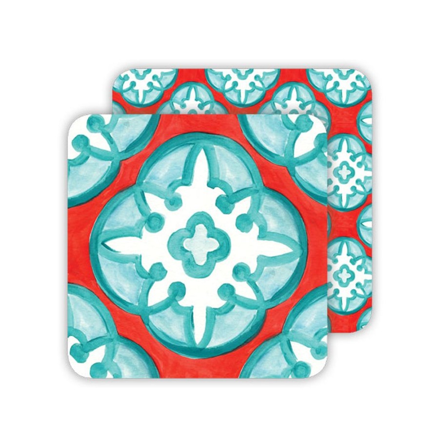 Home & Entertaining Rosanne Beck | Handpainted Tiles Aqua And Red Paper Coasters