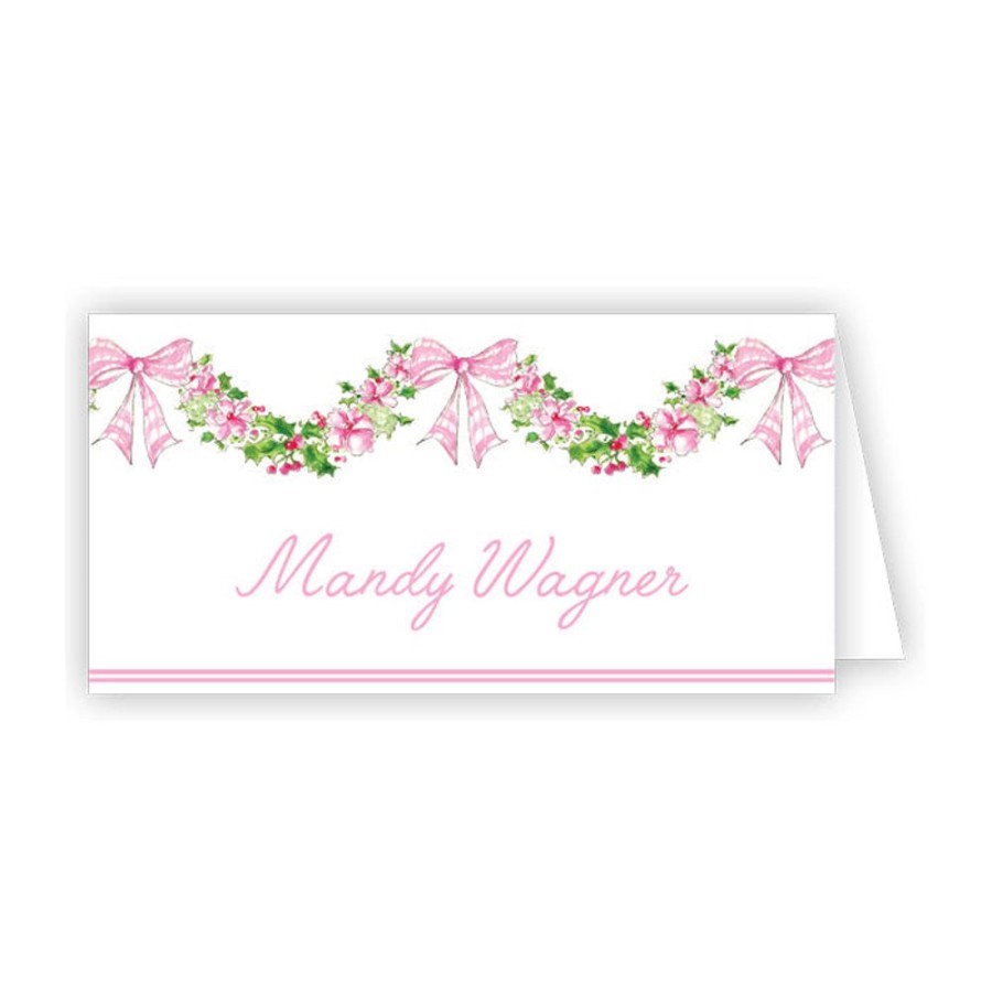 Seasonal Rosanne Beck | Pink Floral And Holly Swag Place Card