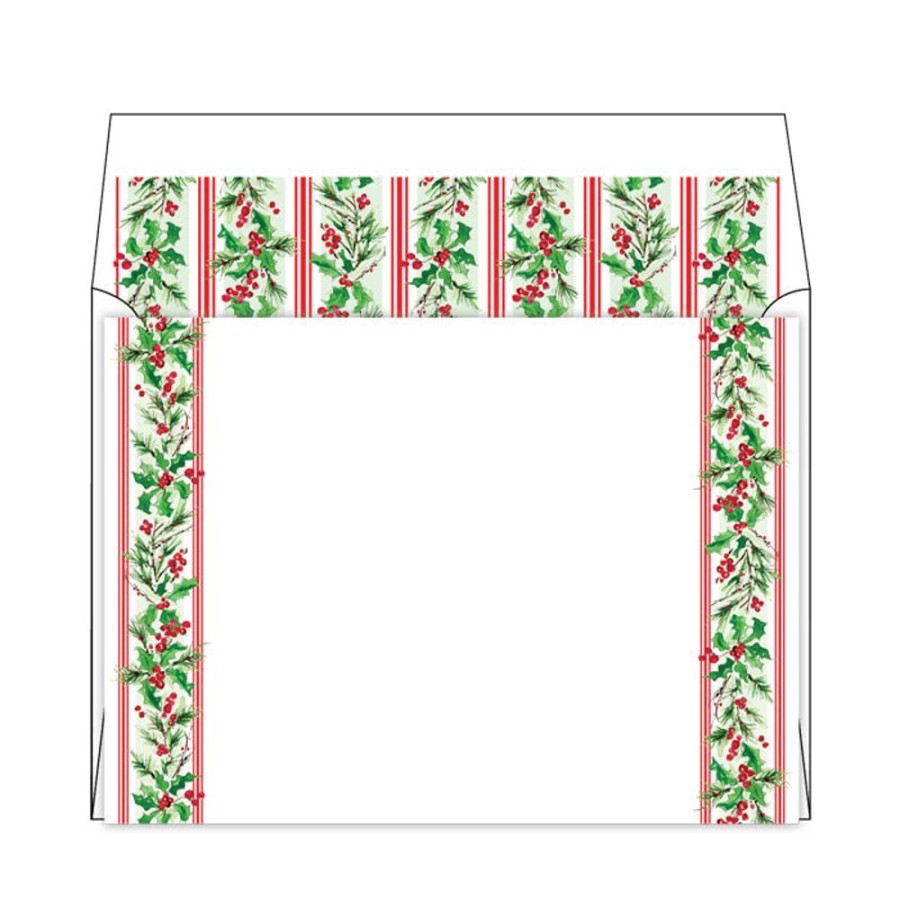 Notes & Pads Rosanne Beck | Greenery With Holly Berries Stripe Pattern Flat Note Stationery