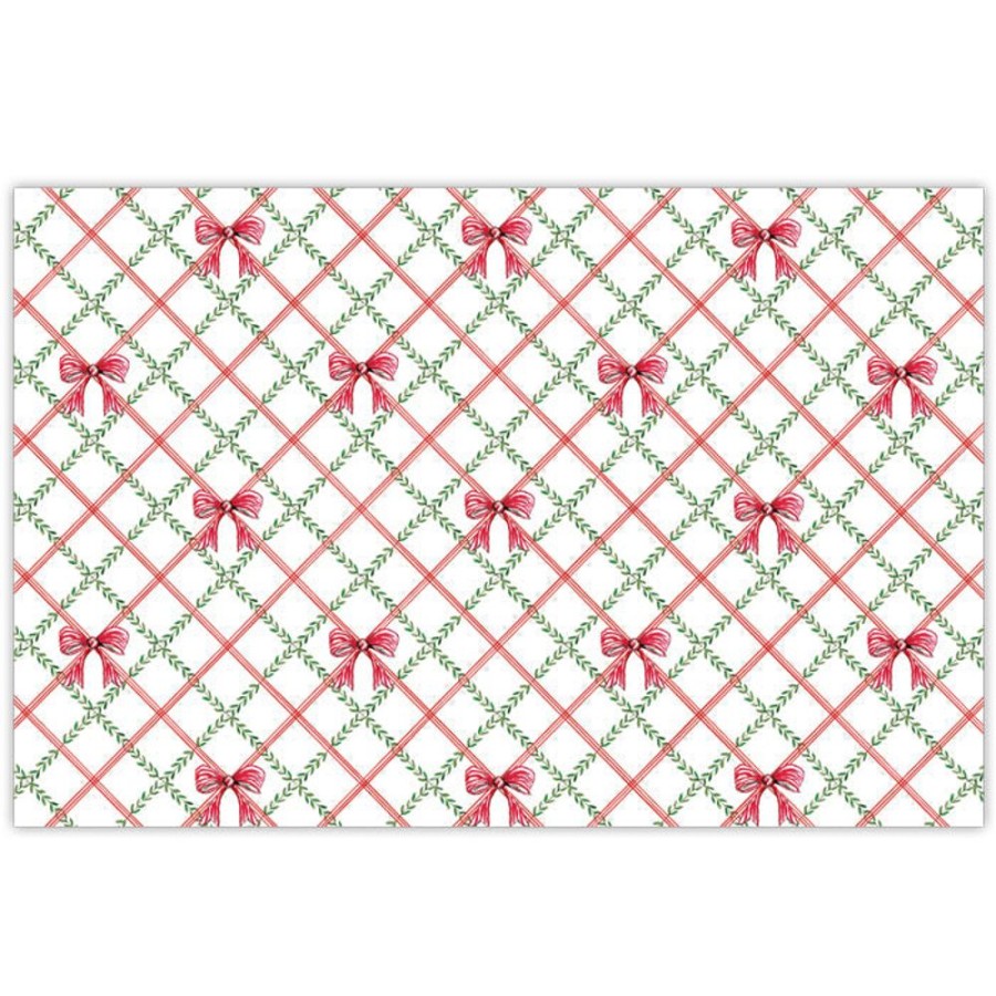 Seasonal Rosanne Beck | Red Bow With Greenery Trellis Pattern Placemats