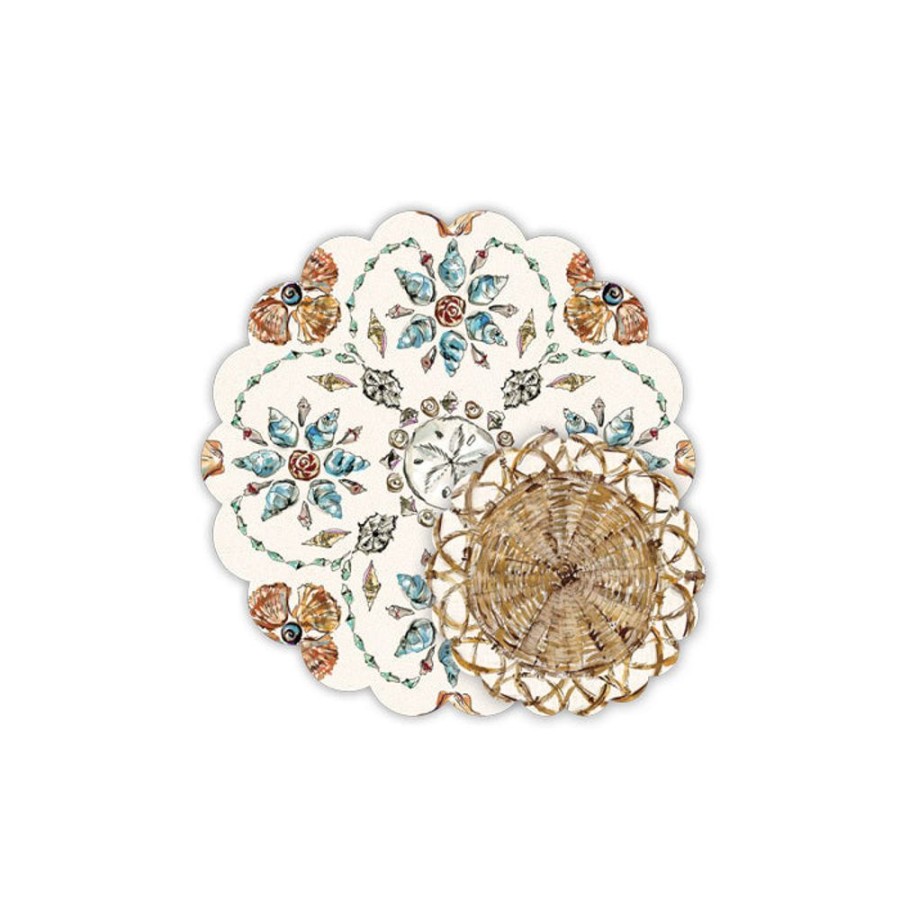 Home & Entertaining Rosanne Beck | Coastal Seashell Mosaic & Woven Rattan Doily Set