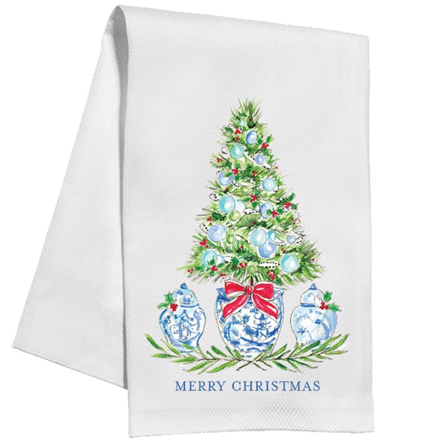 Seasonal Rosanne Beck | Blue Holiday Tree With Ginger Jars Kitchen Towel