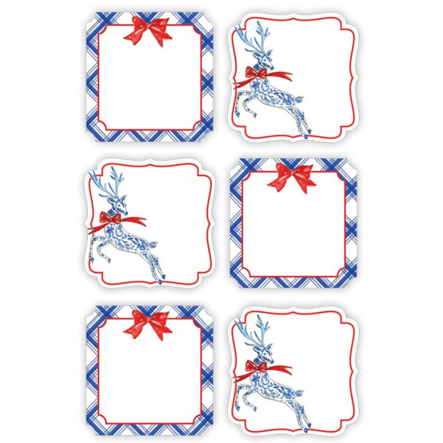 Seasonal Rosanne Beck | Blue Plaid Red Bow Holiday Reindeer Die-Cut Sticker Sheet