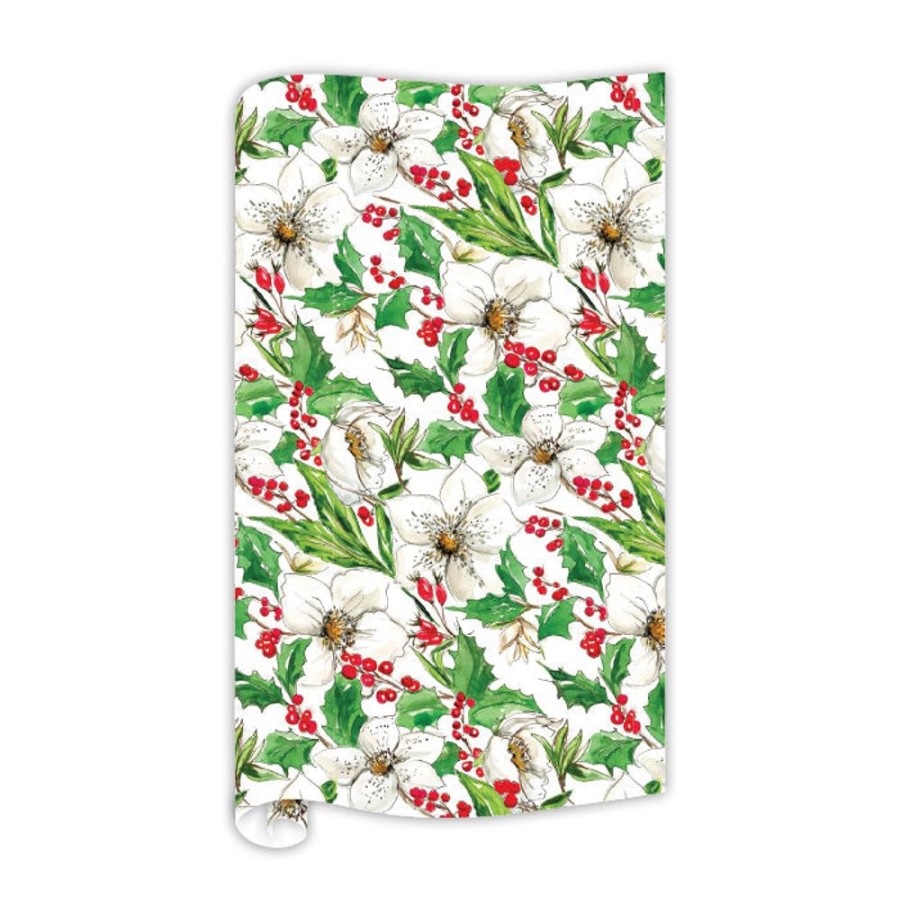 Seasonal Rosanne Beck | White Poinsettias With Berries Wrapping Paper