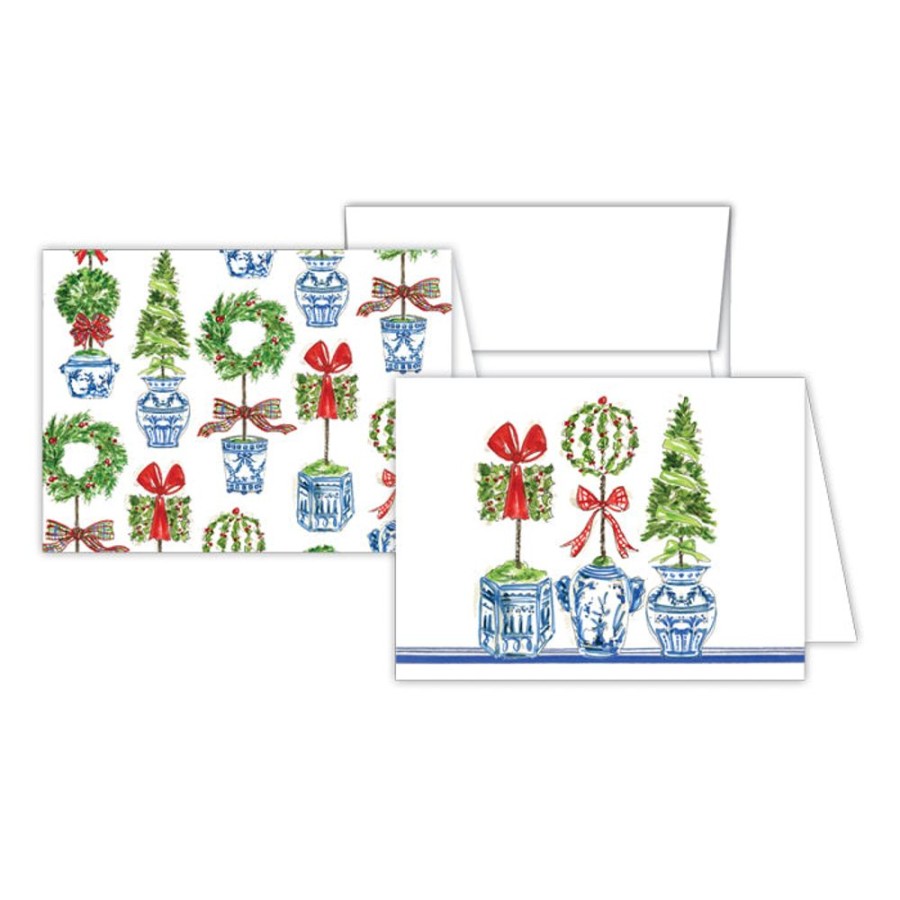 Seasonal Rosanne Beck | Holiday Topiary Trio-Assorted Holiday Topiaries In Blue Pots Stationery Note