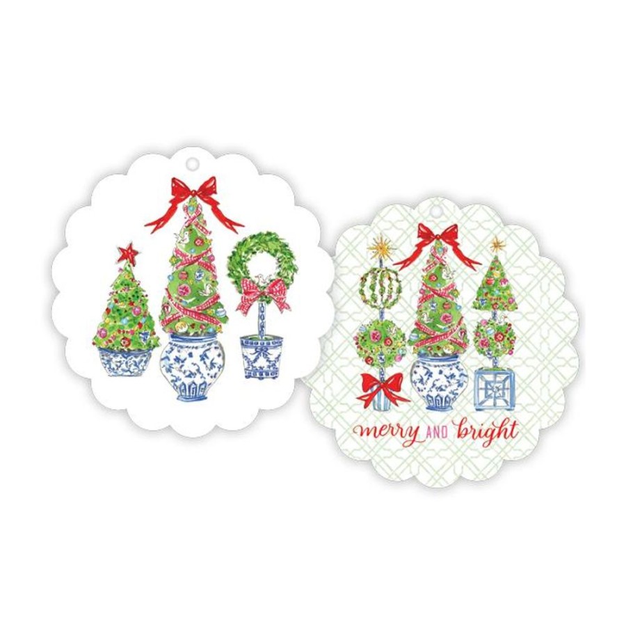 Seasonal Rosanne Beck | Merry And Bright Topiaries/Christmas Topiaries In Blue Chinoiserie Pots Scalloped Gift Tags