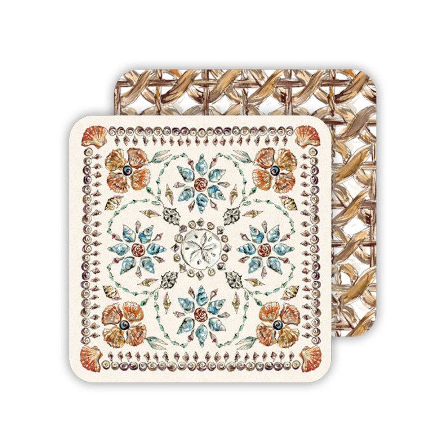 Home & Entertaining Rosanne Beck | Coastal Seashell Mosaic & Braided Rattan Paper Coasters