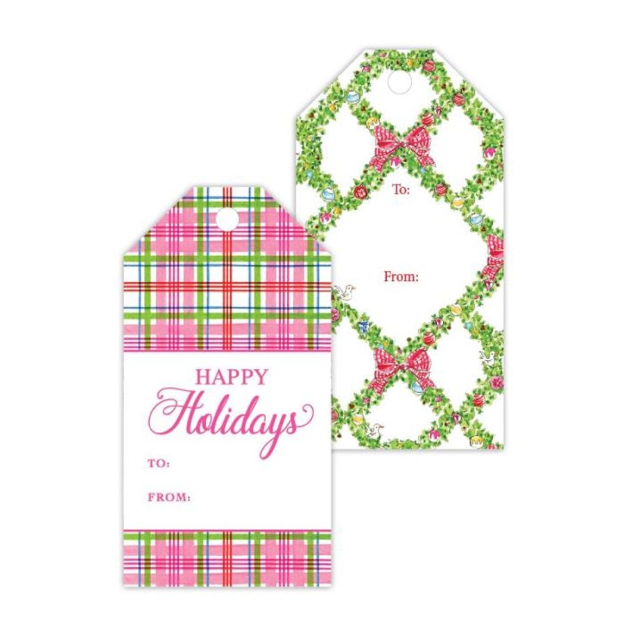 Invitations Rosanne Beck | Happy Holidays Bright Plaid/Happy Holidays Holiday Wreath Trellis Gift Tags