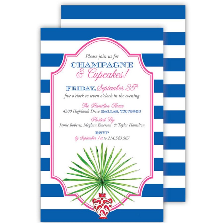 Invitations Rosanne Beck | Potted Palm Pink With Navy Stripe Large Flat Invitation