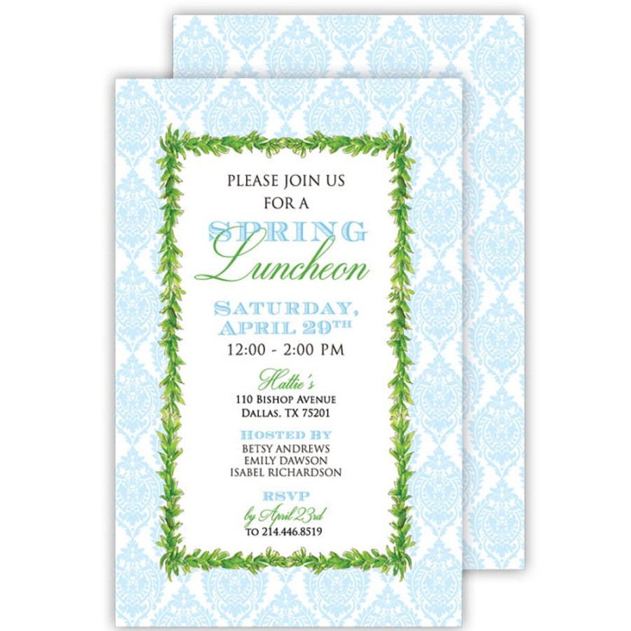 Invitations Rosanne Beck | Blue Damask With Greenery Large Flat Invitation