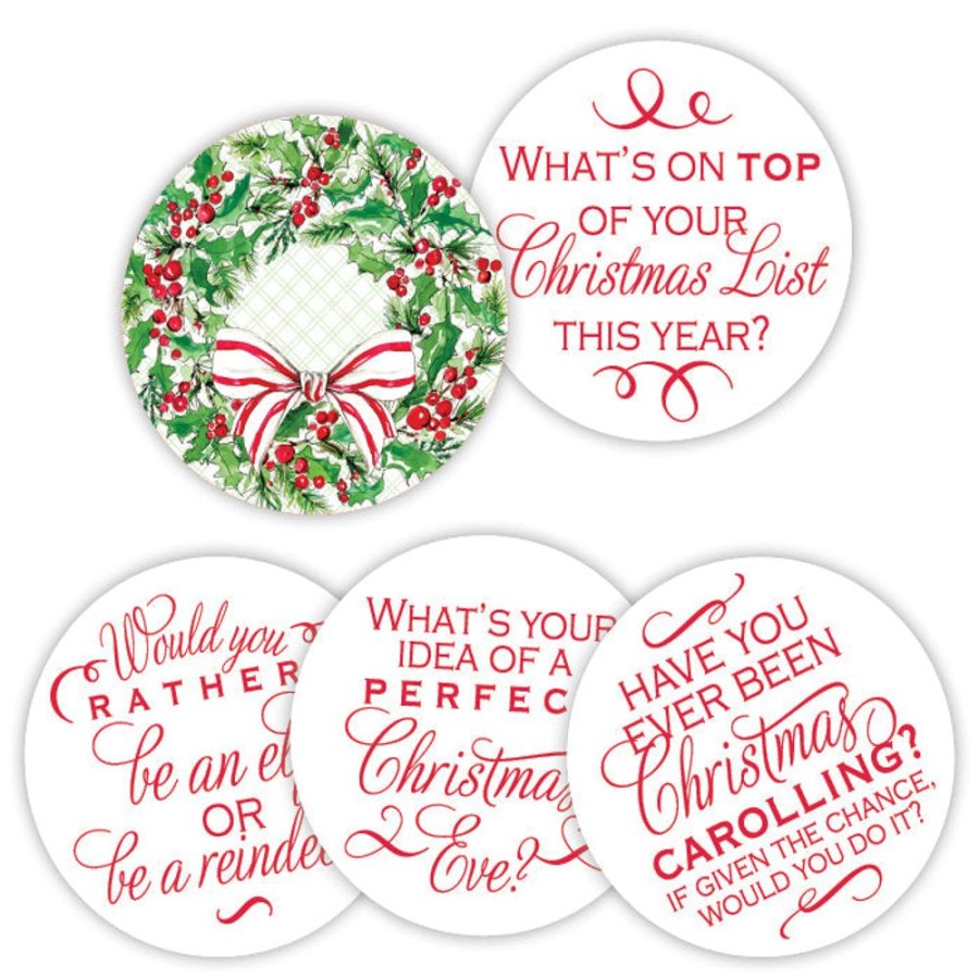 Seasonal Rosanne Beck | Holly Wreath With Bow Conversation Coasters