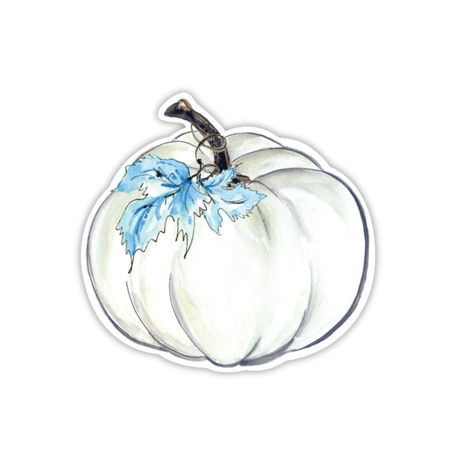 Home & Entertaining Rosanne Beck | White Pumpkin With Blue Leaf Die Cut Accents