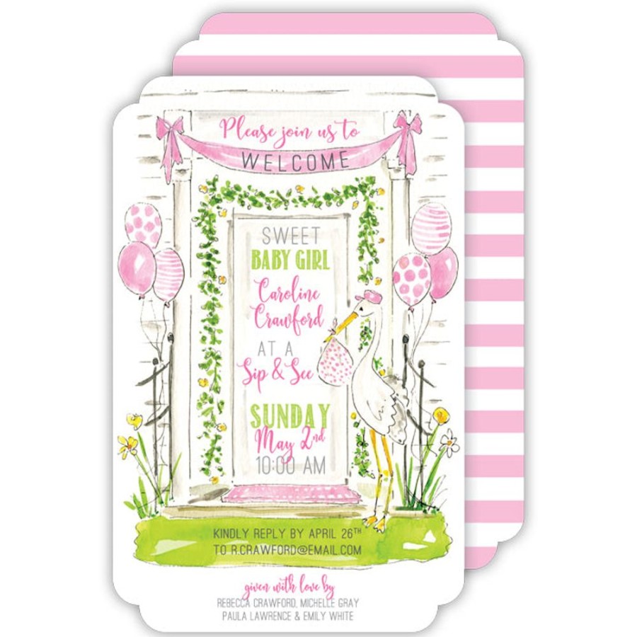 Invitations Rosanne Beck | Front Door Stork And Balloons Pink Large Die-Cut Invitation