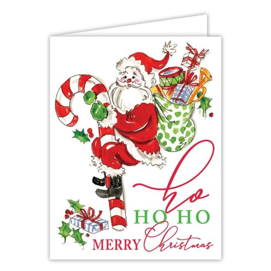 Invitations Rosanne Beck | Ho Ho Ho Merry Christmas Handpainted Santa With Candy Cane And Presents Greeting Card