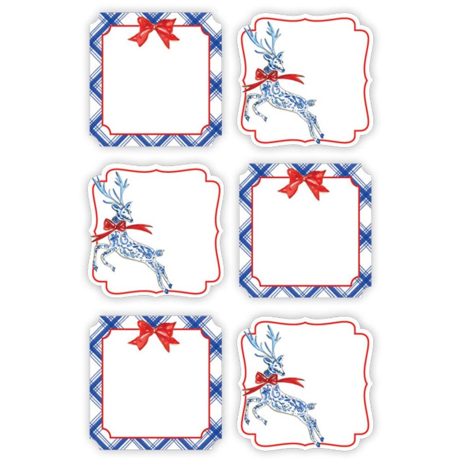 Invitations Rosanne Beck | Blue Plaid Red Bow Holiday Reindeer Die-Cut Sticker Sheet