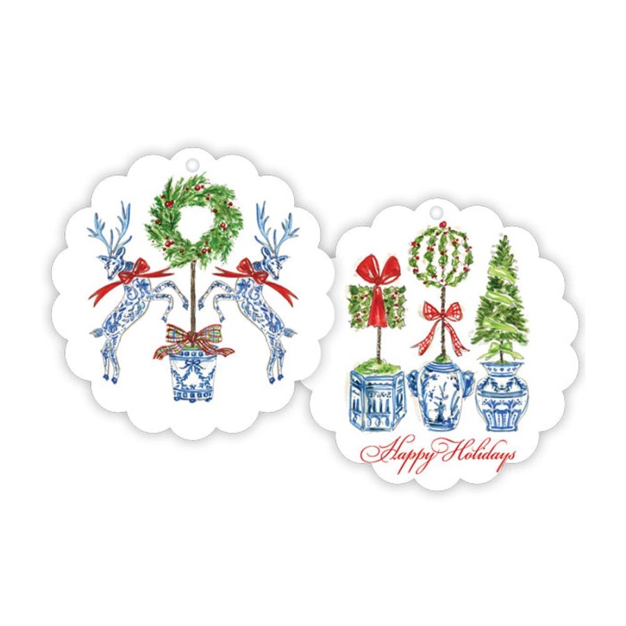 Invitations Rosanne Beck | Holiday Reindeer With Topiary Wreath Scalloped Gift Tags