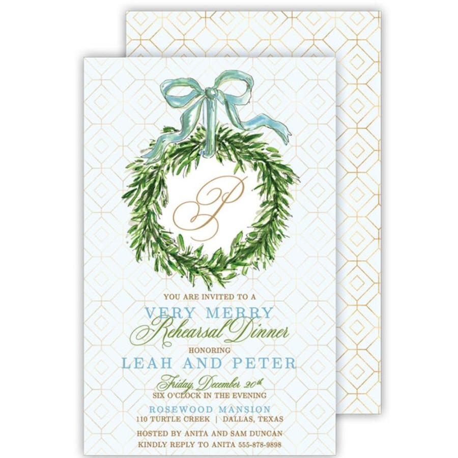 Invitations Rosanne Beck | Holiday Wreath With Blue Bow Large Flat Invitation